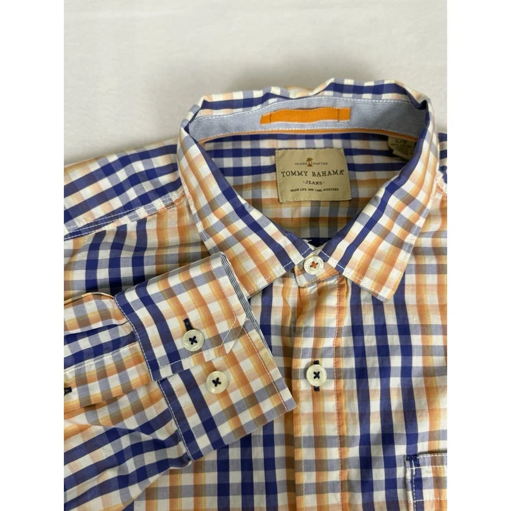 Tommy Bahama Jeans Button Down Shirt Mens Large Orange/Blue Plaid‎ Long Sleeve